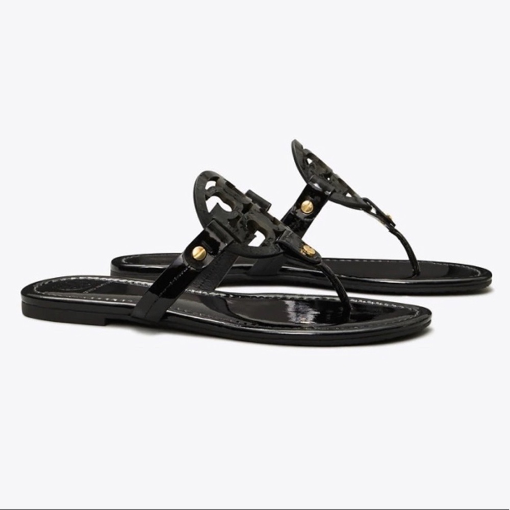 Tory Burch Miller Logo Leather Sandals Black Patent Leather Size 6